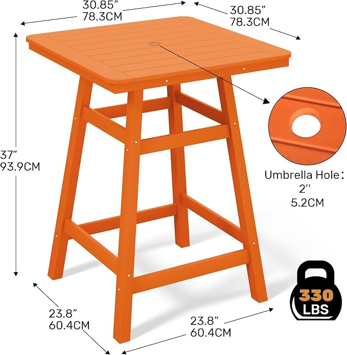 Costaelm Outdoor Bar Table, 37" Counter Height Square Patio Cocktail Bar Table with Umbrella Hole, Patio Bistro Dining Pub Table for Front Porch Deck Backyard Garden, Orange