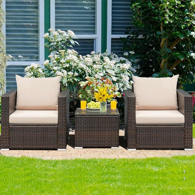 3PCS Patio Rattan Furniture Set Conversation Wicker Sofa W/Cushion Garden