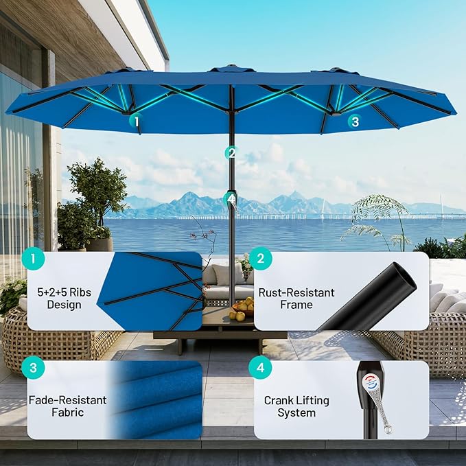 AreShark 15ft Patio Umbrella with Base, Double Sided Outdoor Umbrella with 12 Fiberglass Ribs, Large Outdoor Umbrella for Garden, Pool, Deck, Backyard & Market, Royal Blue