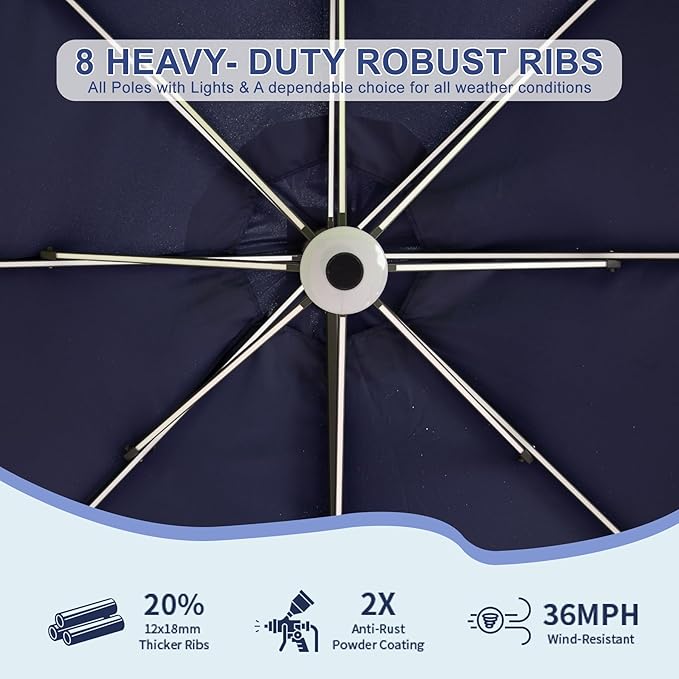 Domi 10FT Cantilever Patio Umbrella Solar Powered LED Round Deluxe Offset Umbrella, Aluminum Hanging Umbrella with 360°Rotation, Outdoor Market Umbrella for Deck Backyard Garden Pool, Navy Blue