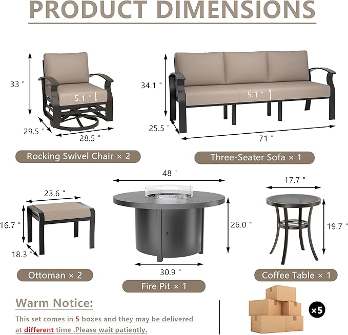 ALAULM Aluminum Patio Furniture Set with Round Propane Fire Pit Table 7-seat Metal Outdoor Furniture w/Swivel Chairs & 2 Ottomans Patio Sectional Sofas for Patio, Lawn, Poolside（Sand