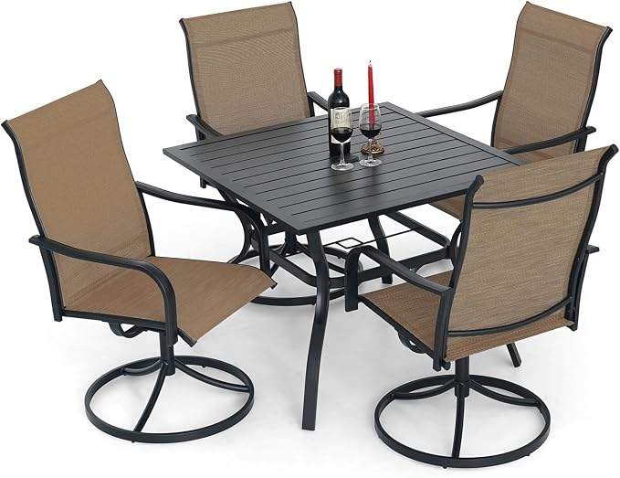 Anmutig 5-Piece Outdoor Dining Set, 4 Swivel Chairs with 35" Square Table, All Weather Frame Furniture Set - Brown