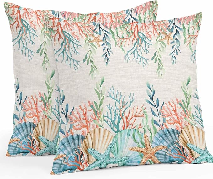 Throw Pillow Covers 16x16 Inch Set of 2, Summer Ocean Waterproof Outdoor Pillow Covers, Watercolor Coastal Coral Shell Seaweed Beige Decorative Cushion Pillowcases for Couch, Sofa, Bed, Garden, Patio
