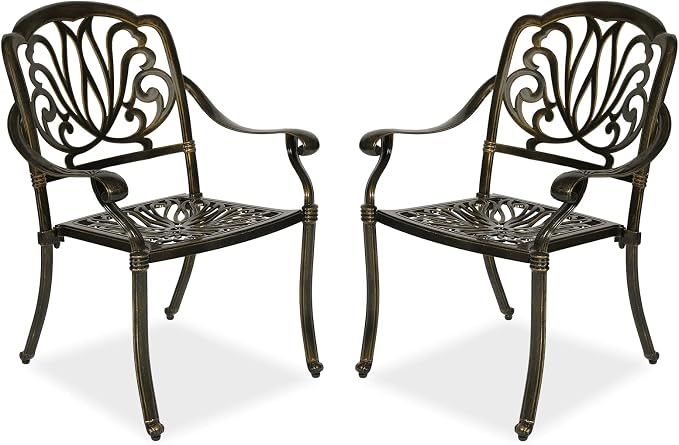 MEETWARM 2 Piece Patio Dining Chairs, Outdoor All-Weather Cast Aluminum Chairs, Patio Bistro Dining Chair Set of 2 for Garden Deck Backyard, Dark Bronze