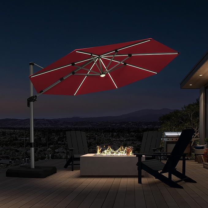 PURPLE LEAF 11ft Patio Umbrella with Lights Outdoor Round Cantilever Solar Powered LED Umbrella with 360-degree Rotation for Garden Deck Pool Patio, Terra
