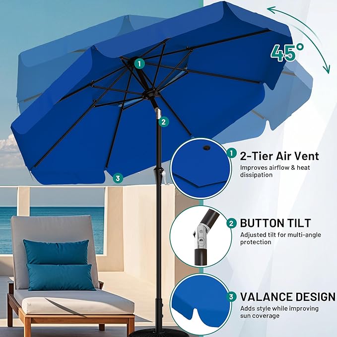 AreShark 9ft 2-Tier Patio Umbrella with Valance - Outdoor Umbrella Waterproof UV Protection, Market Table Umbrella w/Push Button Tilt&Crank for Pool, Porch, Garden(Royal Blue)