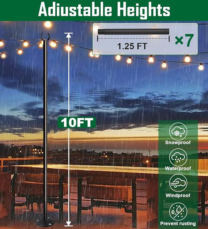 10ft String Light Pole for Hard Surfaces, Light Pole for Outdoor String Light, Perfect for Garden, Backyard, and Patio Lighting Stand for Parties, Wedding - Matte Black Finish - 1 Pack