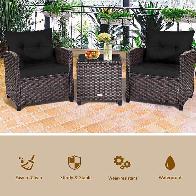 3-Piece Wicker Patio Furniture Set, Outdoor Sofa Set with Water-Resistant Cushion & Tempered Glass Table, Black