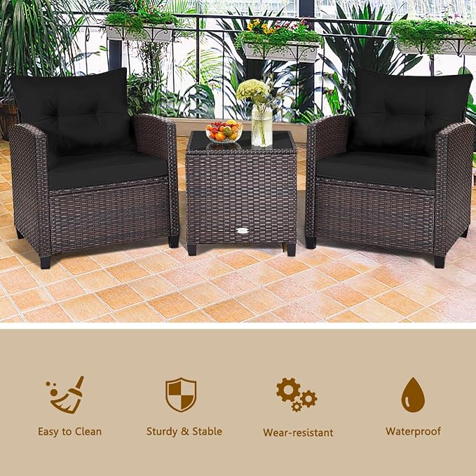 3-Piece Wicker Patio Furniture Set, Outdoor Sofa Set with Water-Resistant Cushion & Tempered Glass Table, Black