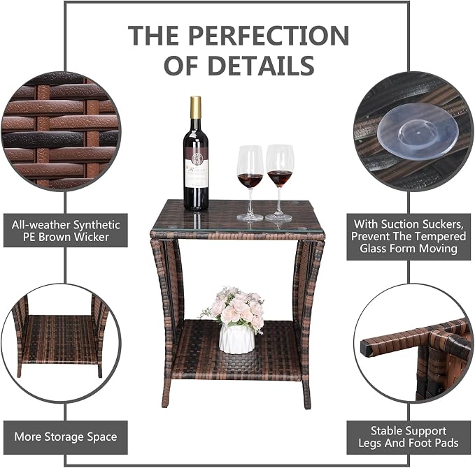 Outdoor Wicker Side Table, 18.1" Square End Table with Tempered Glass Top & Storage Shelf, Resin Wicker Coffee Table for Patio, Porch, Backyard, Balcony,Brown