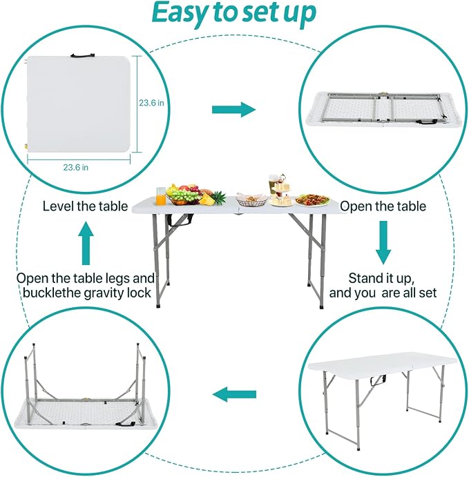 Dkeli Folding Table 4 ft | Portable Plastic Picnic Table | Adjustable Height Heavy Duty Dining Folding Table for Indoor Outdoor Camping, Party | Fold in Half with Handle and Steel Legs - White