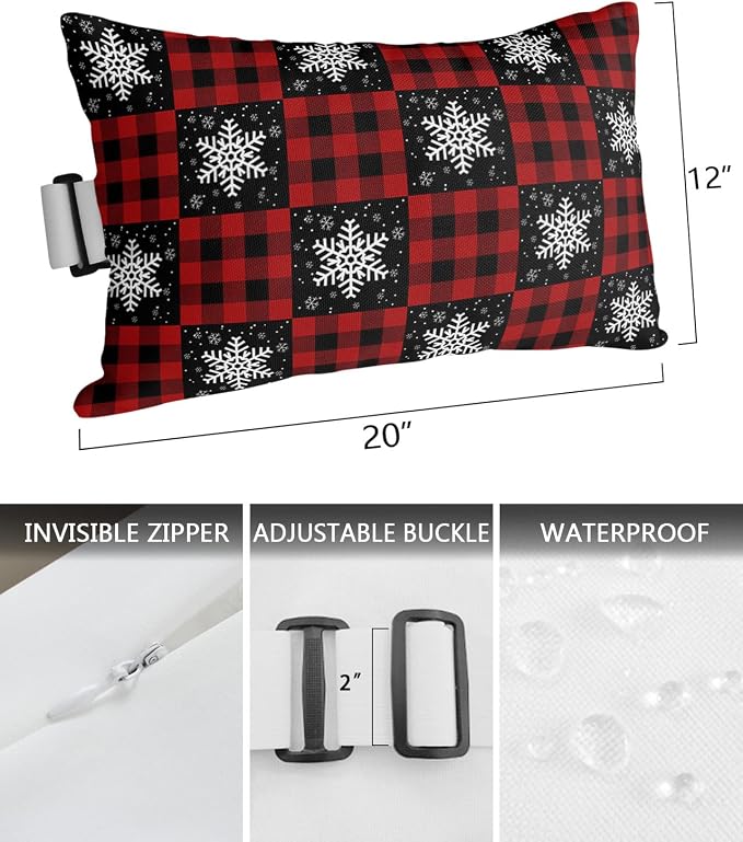 Outdoor Pillows Covers with Inserts Winter Snowflake Red and Black Plaid Waterproof Recliner Pillow with Adjustable Strap Throw Pillows for Patio Furniture Pool Lounge Chair, 12x20 inch, 2PCS