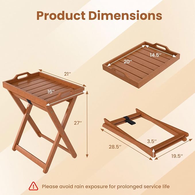 HAPPYGRILL Outdoor Wood Tray Table Folding Side Table with Removable Serving Tray, Portable Patio End Table for Porch, Garden, Backyard, Poolside (1)