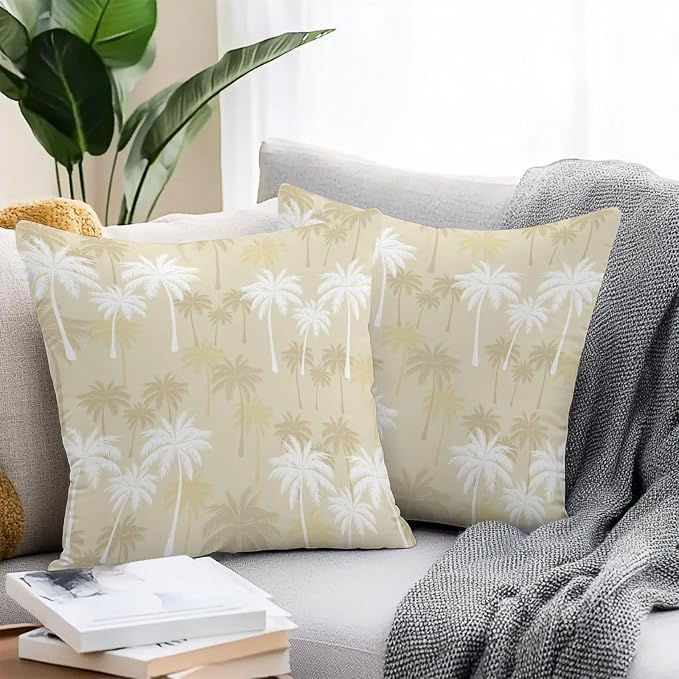 Throw Pillow Covers 18x18 Inch Set of 2, Tropical Palm Tree Waterproof Outdoor Pillow Covers, Beige White Plants Coastal Leaf Beach Decorative Cushion Pillowcases for Couch, Sofa, Bed, Garden, Patio
