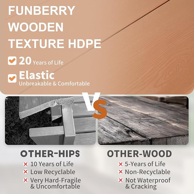 FUNBERRY Outdoor Dining Set, HDPE 5 Piece Dining Table Set with Chairs | 2" Umbrella Hole Table, Wood-Grain, HDPE All Weather, No Rot or Rust or Crack, UV Fade Shield, Easy-Clean for Outside