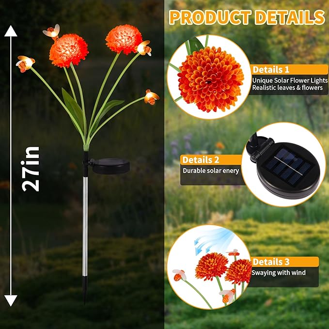 Solar Garden Lights Outdoor, 4 Pack Solar Flowers Lights with Bee, Waterproof Solar Lights Outdoor for Garden Yard, Patio, Pathway, Wedding, Festival Decor, Gift for Women, Mom Grandma