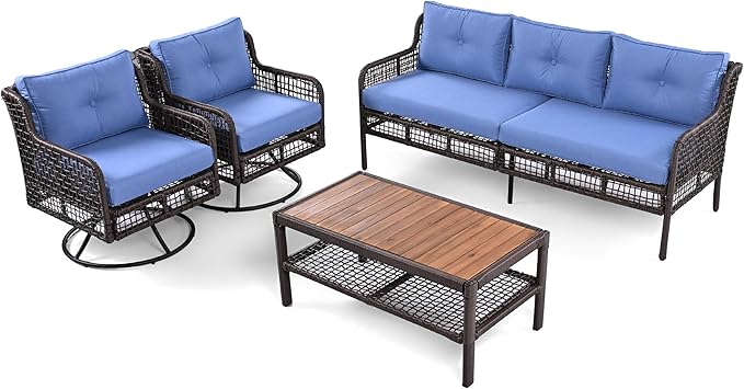 4-Piece Outdoor Wicker Sectional Sofa Set, All Weather Patio Conversation Set with 3-seater Sofa, 2 Swivel Chairs and Coffee Table, Cushions, Suitable for Poolside Backyard Deck (Blue-Swivel)