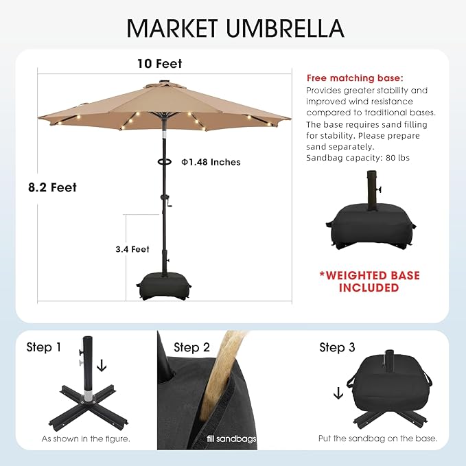 wikiwiki 10FT Solar Led Patio Umbrella with Base Included, 32 LED Lights, 8 Sturdy Ribs, Fade Resistant Waterproof POLYESTER DTY Canopy for Garden, Lawn, Deck, Backyard & Pool, Tan