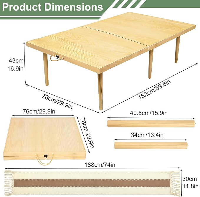 Folding Picnic Table with Table Runner, 60" x 30" Large Wooden Japanese Floor Table, Portable Boho Low Picnic Table, Adjustable Heights Legs, for Indoor Outdoor Camping, for 6-8 People