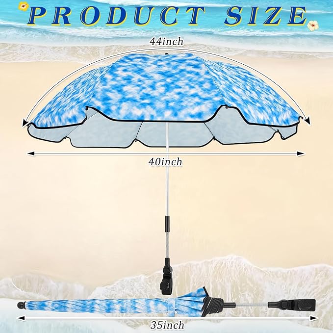 Buryeah 2 Pcs Beach Chair Umbrella Automatic with Universal Adjustable Clamp 44" UPF 50+ Portable Clamp on Beach Chair for Wheelchair Patio Golf Carts Camping
