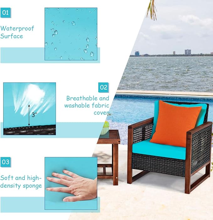 Tangkula 3 Pieces Patio Wicker Furniture Set, Rattan Outdoor Sofa Set w/Washable Cushion & Acacia Wood Coffee Table, Conversation Bistro Set for Garden Balcony Backyard (Turquoise)