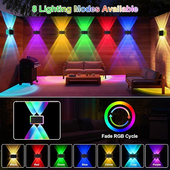 AUDLES Solar Fence Lights Outdoor, New Up Down Lighting Fence Lights Solar Powered with 8 Modes Warm White/RGB, IP65 Waterproof Solar Wall Light for Backyard Wall Pathway Deck Patio Decor - 12 Pack