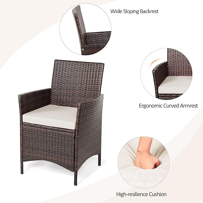 Tangkula 3-Piece Patio Conversation Set, Wicker Chairs with Glass Top Square Coffee Table & Cushions, All-Weather Outdoor Rattan Furniture Set for Garden Backyard Balcony Poolside (White)