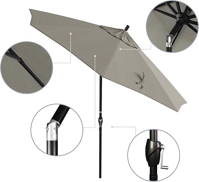 California Umbrella 9' Round Aluminum Market Umbrella, Crank Lift, Push Button Tilt, Black Pole, Woven Granite Olefin