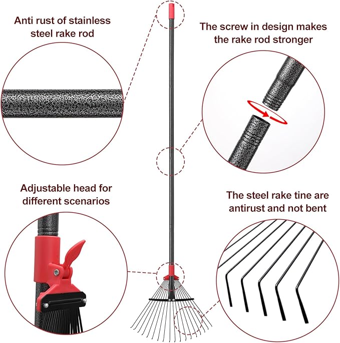 61Inch Adjustable Metal Leaf Rake, 18 Metal Tines Heavy Duty Leaves Rake for Lawns with 8-18" Expandable Head Long Handle Garden Rakes for Women Kids Leaves Yard Gardening Grass Outdoor Camping Debris