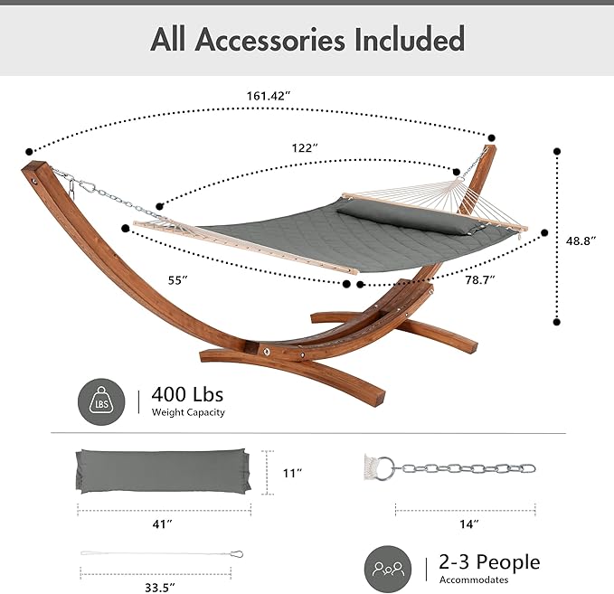 ANOW 13.5FT Curved Wood Stand with Portable Hammock, Heavy Duty Larch Wood Arc Stand with 2 Chains, 4 Balance Ropes and 4 Carabiners, Includes Gray Hammock with Spreader Bars