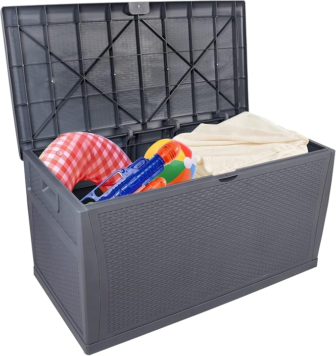 Henf 120 Gallon Outdoor Garden Plastic Storage Deck Box, Weatherproof Resin Container Storage Box Chest Table for Backyard Patio, Rattan-Look Design