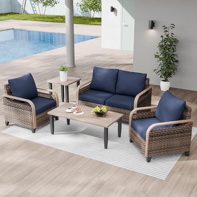 Modern Wicker Patio Furniture Set, Rattan Outdoor Conversation Set with Comfortable Cushions, 2 Patio Chairs, 2 Seat Loveseat, Coffee Table and Side Table, 5 Pieces, Brown/Blue