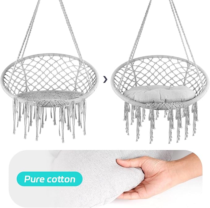 330 Lbs Capacity Loading Relaxing Handwoven Hammock Chair Swing, Cozy Macrame Hanging Seat with Soft Pillow, Perfect Reading Meditation Chair for Bedroom, Garden, Balcony, Grey