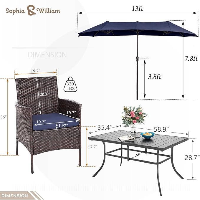 Sophia & William 7 Pieces Outdoor Patio Dining Set with 13ft Navy Patio Umbrella for Outside, Metal Patio Table and Rattan Chairs Set with Cushion and 1.6" Adjustable Umbrella Hole