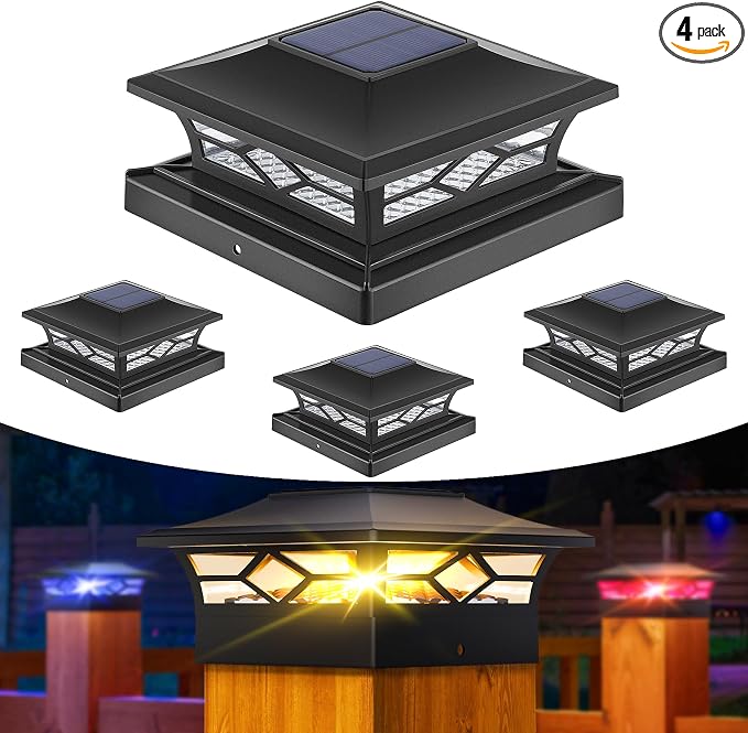 APONUO Solar Post Cap Lights with 8 RGB Colors and Multicolor Flow, Ultra-Bright Clear Lens, IP65 Waterproof for 4x4 5x5 6x6 Wood & Vinyl Fence Posts, 4 Pack Black