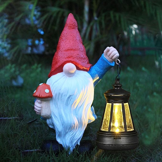 Garden Gnomes Statue with Solar Outdoor Lights, Resin Outdoor Solar Gnome Decorations for Yard Garden, Patio Gnome Gifts for Mom (Art Deco)