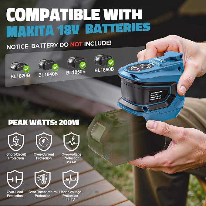200W Portable Power Inverter Compatible with Makita 18V, Outdoor Generato Battery Converter with 2 USB & AC Battery Powered Outlet, Convert DC 18V to AC 110V-120V Portable Power Station (Tool Only)