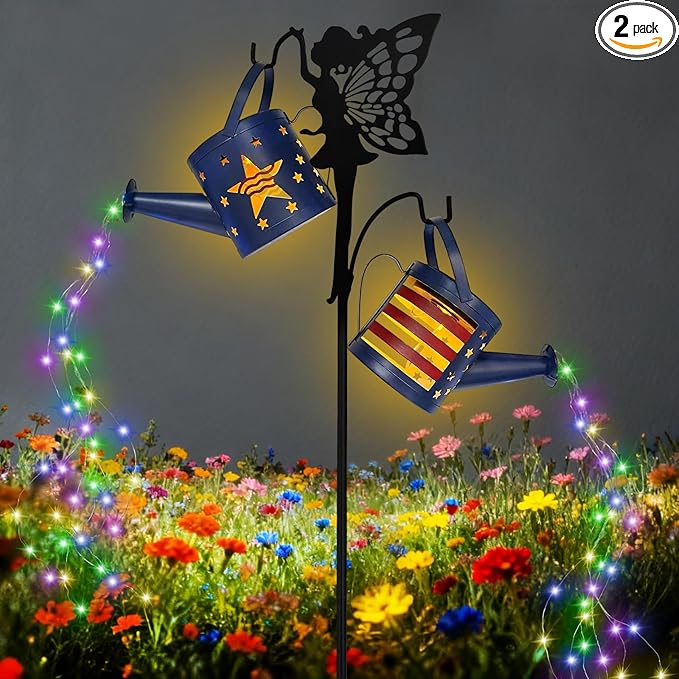 DDQ Solar Watering Can Lights, Warm White/Color LED with Shepherd Hook, IP65 Waterproof Metal Garden Decor, Auto On/Off for Patio Backyard for Mom Birthday Christmas