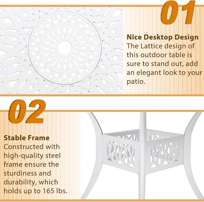 Outdoor Cast Aluminum Patio Table, 35.4” Round Bistro Table with 2” Umbrella Hole for Patio Furniture Garden Deck Backyard, White