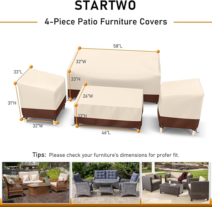 STARTWO Outdoor Waterproof Patio Furniture Covers 4-Piece Set for Chairs, Loveseat and Coffee Table, Heavy Duty 600D, Beige