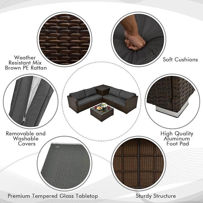 Tangkula 4-Piece Patio PE Wicker Furniture Set, Patiojoy Outdoor Sectional Sofa Set with Storage Box and Tempered Glass Tabletop, All-Weather PE Rattan Conversation Set with Removable Cushions (Grey)