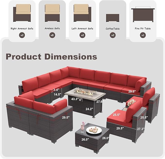 Patio Furniture Set with Fire Pit Table 15 PCS Outdoor Sectional Furniture Rattan Patio Conversation Set with 43in Propane Gas Fire Pit Table and Glass Table, Red