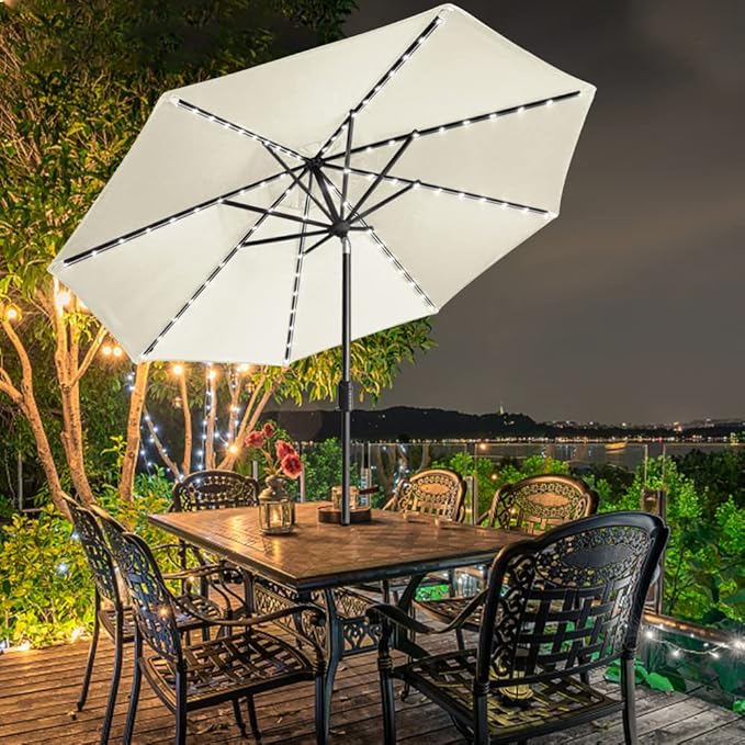EliteShade USA 10-Year-Non-Fading 9ft Market Patio Umbrella, Commercial Grade Table Sun Umbrella with 80 Solar LED Lights, Crank Open, Windproof & UPF 50+ UV Protection for Garden, Deck, Pool, Backyard, Natural