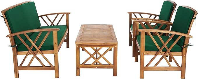SAFAVIEH Outdoor Collection Fontana Natural/ Green Cushions 4-Piece Conversation Patio Set