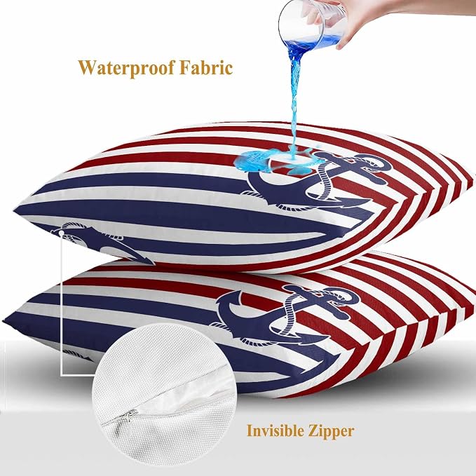 Throw Pillow Covers 26x26 Inch Set of 2, Anchor Red Waterproof Outdoor Cushion Covers, Modern Navy Blue White Striped Nautical Decorative Pillowcases for Couch, Sofa, Bed, Garden, Patio