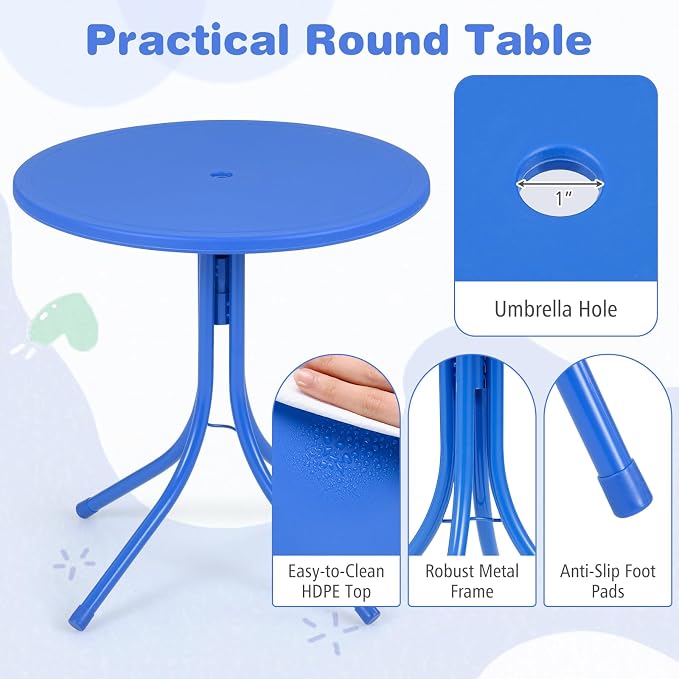 KOTEK Kids Picnic Table with Umbrella, Outdoor Table & 2 Folding Chairs, Cute Pattern Children’s Patio Furniture, Portable Kids Table and Chair Set for Backyard, Garden, Beach (Blue Shark)