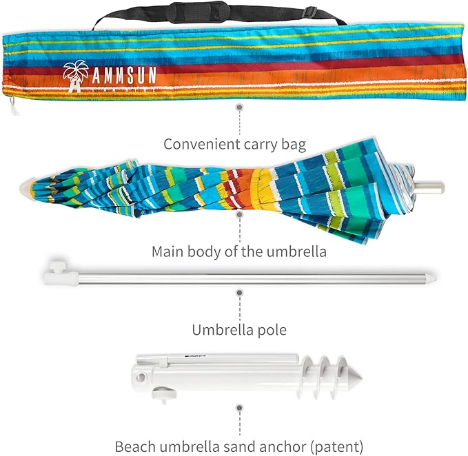 AMMSUN Beach Umbrellas for Sand Heavy Duty Wind Portable, 6.5ft Outdoor Umbrella with Sand Anchor and UV Protection, Parasols Includes Carry Bag for Beach, Patio, and Garden, Yellow Stripes