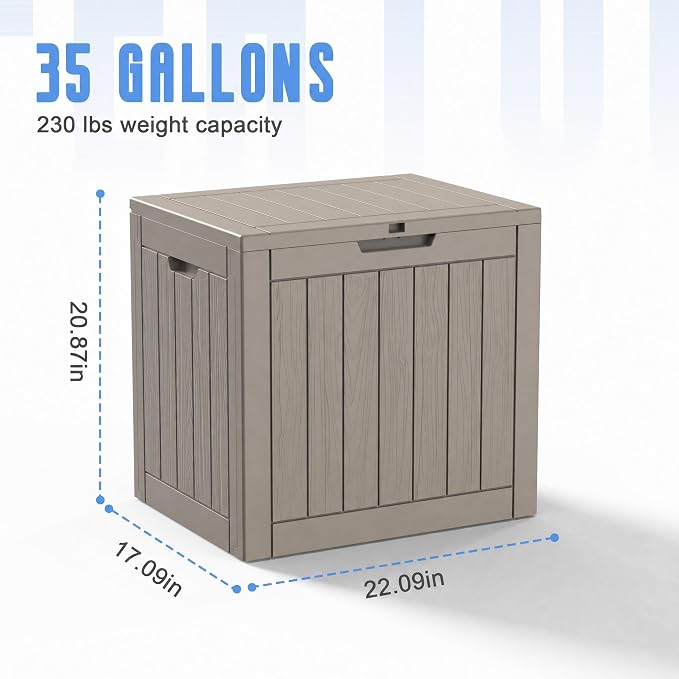 35 Gallon Outdoor Deck Storage Box, All Weather Lockable Storage Container for Backyard, Deck & Pool Side Outdoor Storage (Grey,35GAL)