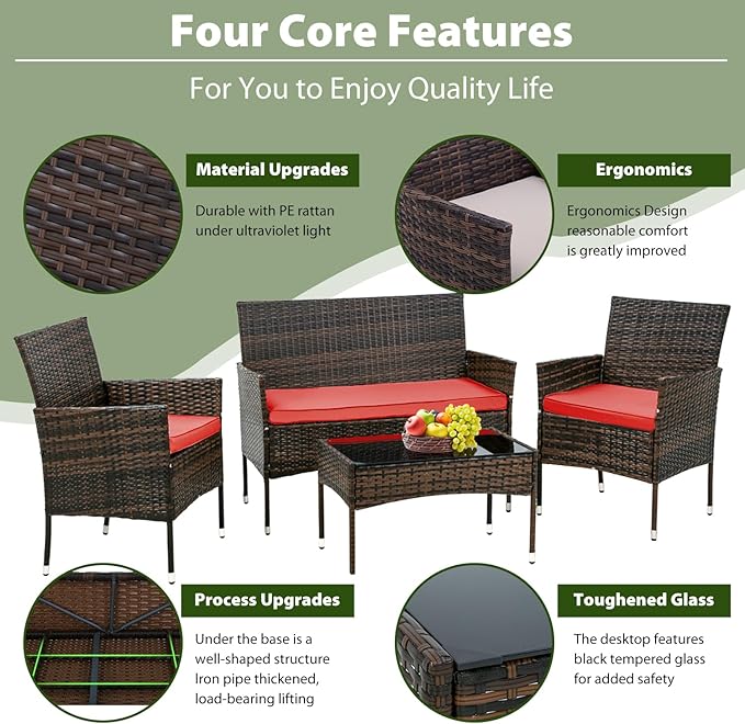 PayLessHere Outdoor Furniture Set 4 Pcs Modular Patio Furniture Set Water Resistant Conversation Set with 3 Rattan Chairs 1 Tempered Glass Topped Table for Patio Poolside, Brown Wicker/Red Cushions