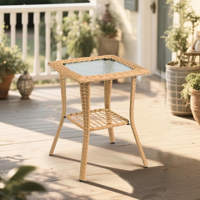 Outdoor Wicker Side Table, Rattan End with Glass Top, Patio Coffee Bistro for Indoor Garden Porch Balcony (Beige)